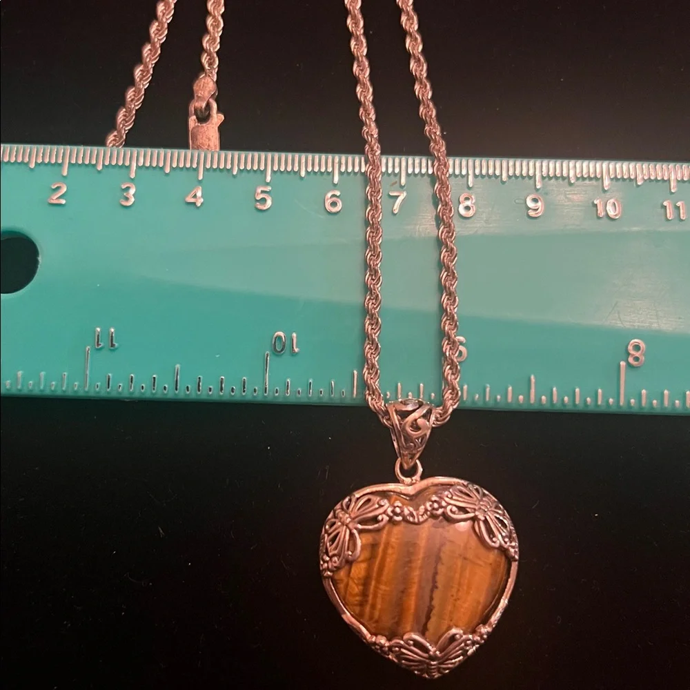 925 STERLING SILVER TIGERS EYE HEART NECKLACE - Picture 6 of 6